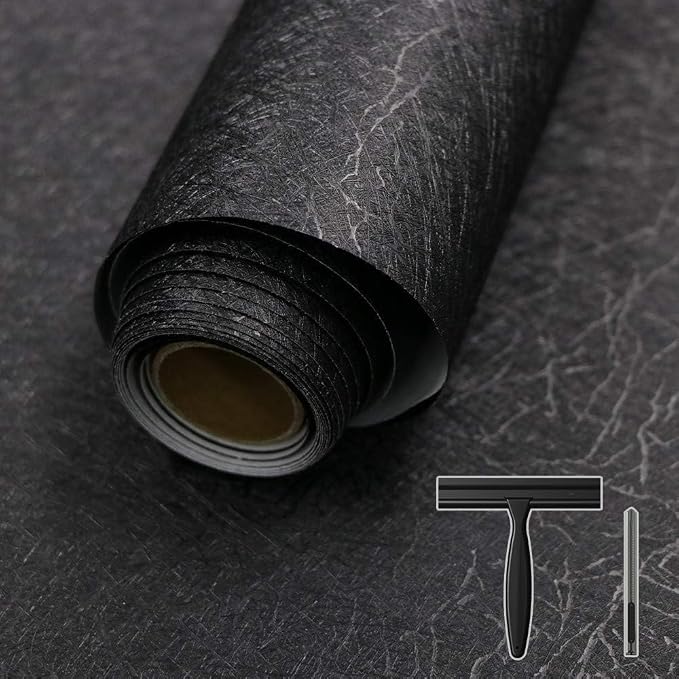 Black Silk Wallpaper Peel and Stick Embossed Self Adhesive Contact Paper 15.7" x 118" Removable Waterproof Kitchen Vinyl Wrap Cabinet Textured Renter Friendly Wall Cover with Scraper, Paper Cutter