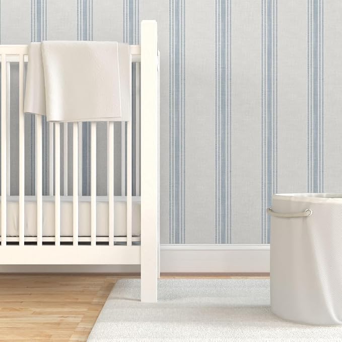 Spoonflower Blue Ticking Stripe Peel and Stick Wallpaper | Roll 24" x 36" | Neutral Cottage Simple Traditional | Self-adhesive, removable and renter-friendly