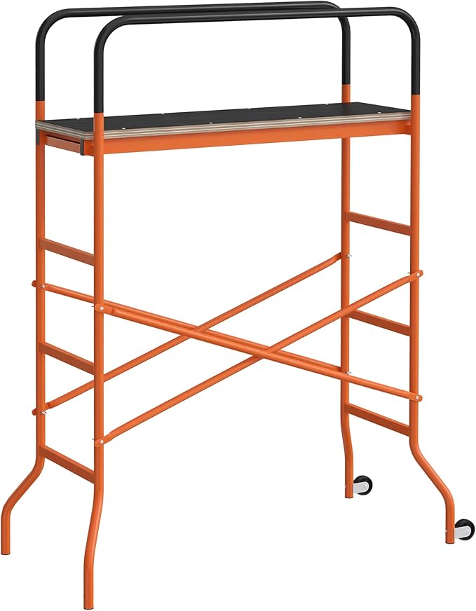 HOMCOM 4-Step Steel 4.6 x 2 x 6 ft. Scaffold 2 Wheels Free Moving for Indoor & Outdoor Decoration Anti-Skid, 440 Pound Capacity, Orange
