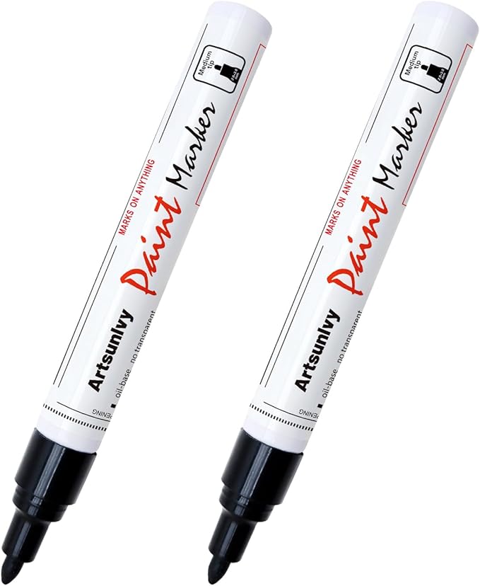 Artsunlvy Black Paint Pens Permanent Markers - 2 Pack Oil Based Quick Dry Waterproof Markers for Plastic, Tire, Rubber,Wood, Rocks, Metal, Canvas, Dark Surface,Craft Art Supplies,Medium Point