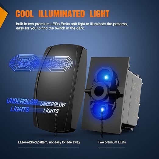 Nilight Underglow Lights Rocker Switch Led Light Bar 5Pin Laser On Off SPST switches 20A/12V 10A/24V Blue with Jumper Wires Set for Cars Trucks RVs