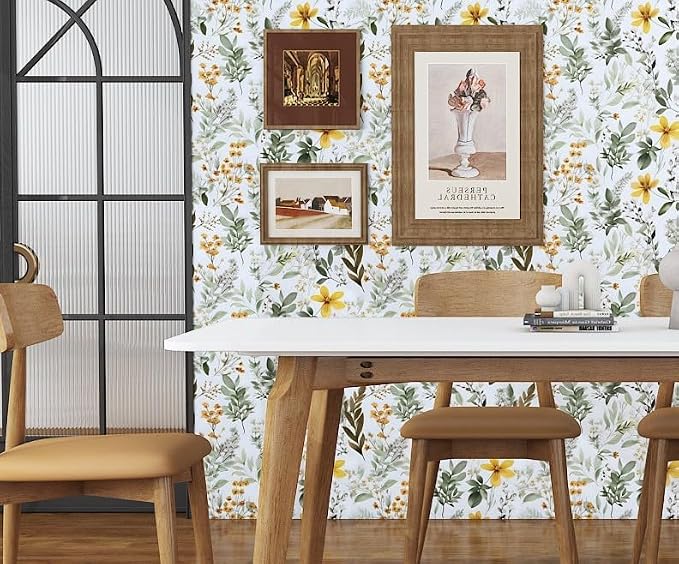 Green Leaf Wallpaper Peel and Stick, Vintage Yellow Floral Contact Paper 17.5" x 197", Botanical Wall Paper Self Adhesive Removable Waterproof for Bathroom Bedroom Shelves Cabinet Drawer Table Decor