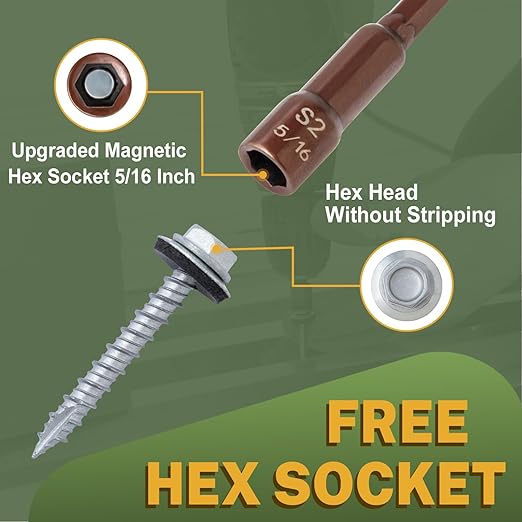 LIONMAX 1000-PCS Metal Roofing Screws #10 × 1 Inch, Rustproof Coating Hex Head Sheet Metal to Wood Siding Screw with Rubber Washer, Sharp Point, Hex Socket Included