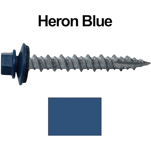 Metal Roofing Screws: (2000) 10 x 1-1/2" Heron Blue Hex Head Sheet Metal Roof Screw. Self Starting Metal to Wood siding Screws. EPDM Washer. Colored Head