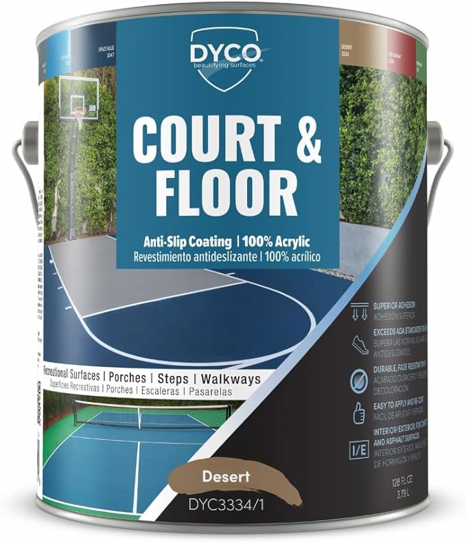 DYCO Court & Floor Anti-Slip Coating - Slip-Resistant Pavement, Cement & Concrete Paint for Pickleball, Tennis & Basketball Courts, Exceeds ADA Standards for Safety Areas (Desert, 1 Gallon)