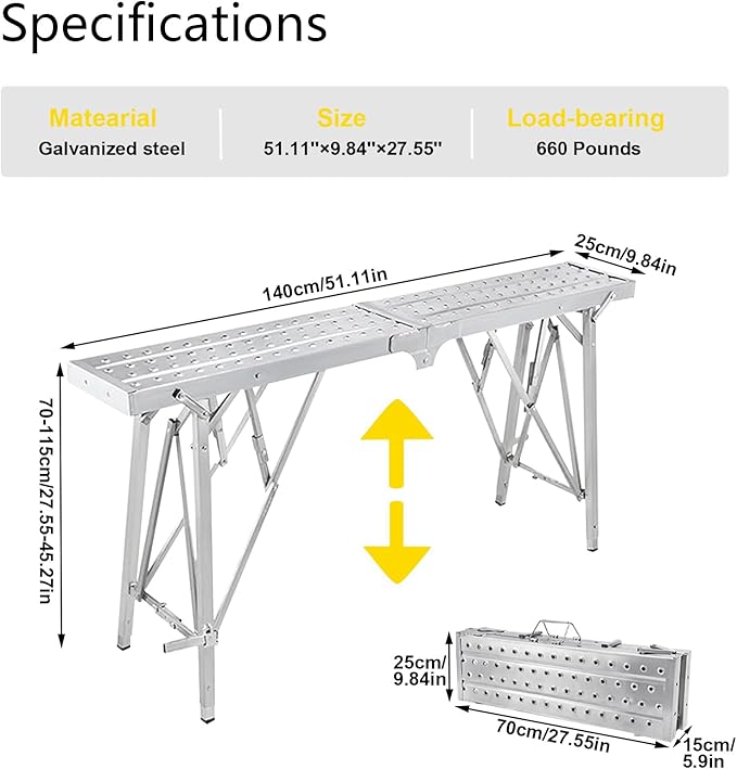 HIYOUGO Scaffolding Platform Adjustable Height, Folding Work Platform, Aluminum Portable Scaffolding Ladder, Non-Slip Portable Work Bench 660lbs Capacity for Drywall, Cleaning RV, 140 × 25cm