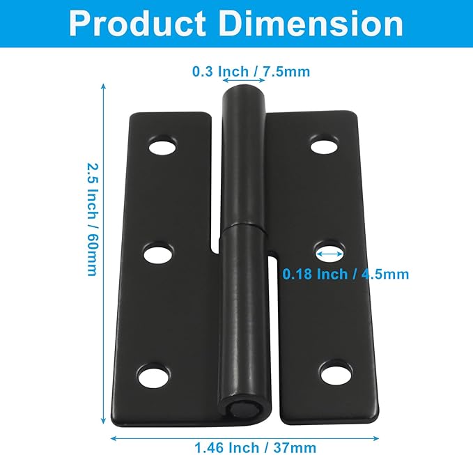 2 Pack 2.5 Inch Black Lift Off Hinge Heavy Duty H-Shaped Hinge Repair Hardware Butt Hinges Left Handed Slip Joint Flag Hinges for Indoor DIY Projects