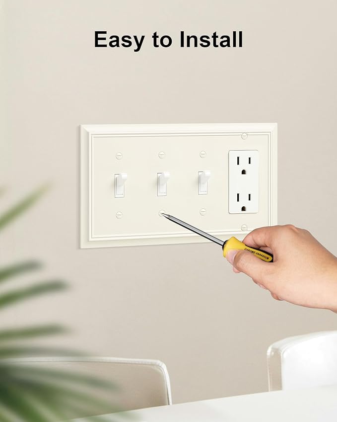 2-Pack Combo Triple Toggle/Decorator Outlet Cover Plate, Light Almond Decorative Switch Plates and Outlet Covers, Durable Natural Bamboo Fiber Wall Plate for Electrical Outlet, Receptacle, GFCI Outlet