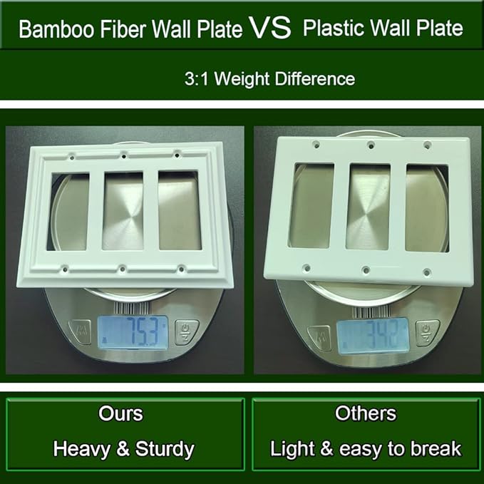 Wall Plates, Light Switch Plates, Receptacle Outlet Covers, Decorator Light Switch Cover, Bamboo Fiber Material Wall Plate, Standard Size Wall Plates of various styles, White (3 Gang Decorator 1 Pack)