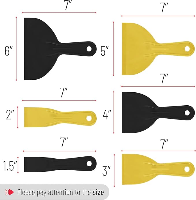 Bates 6 Pack Plastic Putty Knife Set - Black & Yellow, Paint Scraper, Spackle Tool, Spreader