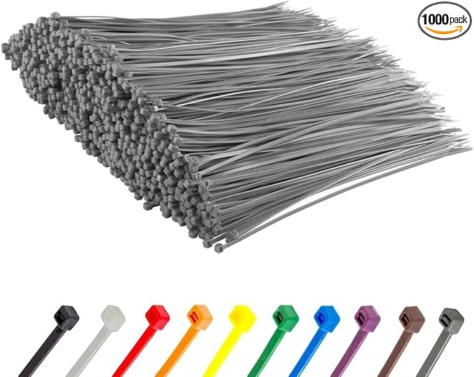 GTSE 8 Inch Silver/Gray Zip Ties, 1,000 Bulk Pack, 18lb Strength, UV Resistant Small Nylon Grey Cable Ties, Self-Locking 8" Tie Wraps