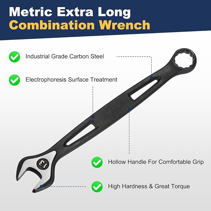 HARFINGTON 2pcs Combination Wrench 13mm Metric Extra Long 12-Point Box and Open End Carbon Steel Double Ended Industrial Grade Spanner for Automotive Furniture Machinery DIY Repair, Black