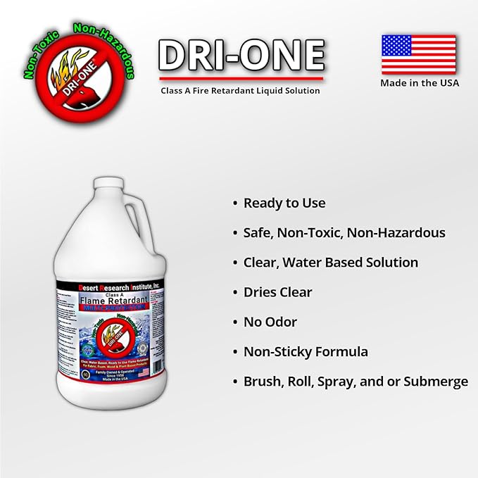 Fire Retardant Spray Liquid Solution (Class A for Fabric, Wood, Absorbent Materials & More) Eco-Safe, Non Toxic, C.A.C. Title-19, ASTM E84, DRI-ONE 1 Gallon