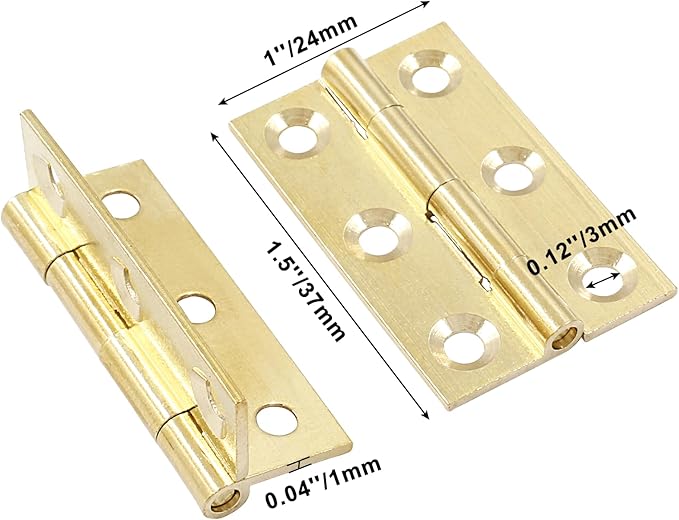 12Pcs Mini Solid Brass Hinges,1.5 Inch Mini Solid Brass Butt Hinges,Small Folding Butt Box Hinges,Brushed Gold Interior Door Hinges for Chest Wood Box Cabinet Door