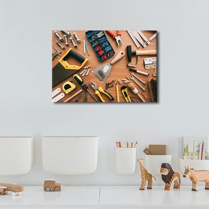 Construction Instruments Background Picture 1 Panels Canvas Wall Art Living Room Assorted Woodwork Carpentry or Construction Tools Poster Framed Artwork for Farmhouse Bedroom Wall Decor (12" Wx18 H)