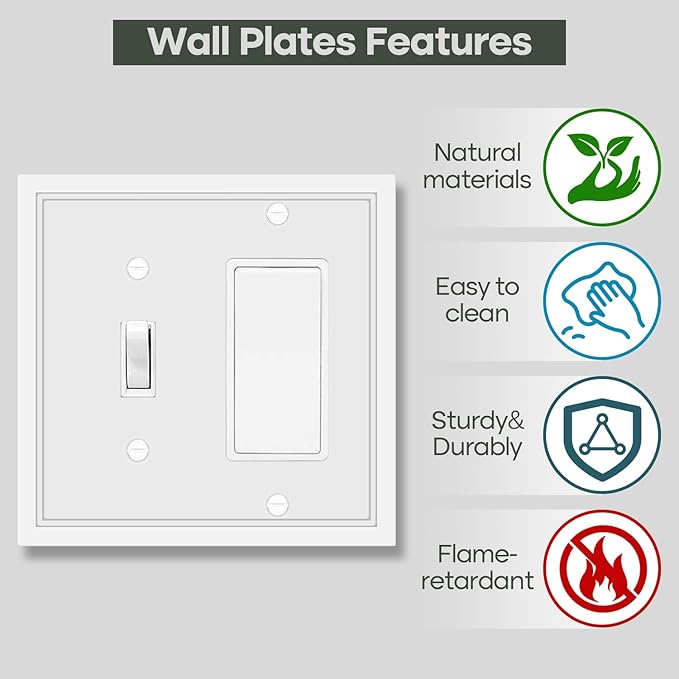 Toggle/Decorator Combo Light Switch Cover Plate White Classic Decorative Switch Plates Cover 2 Gang Wall Plate Cover for Duplex, Toggle, Combo, 2 Pack