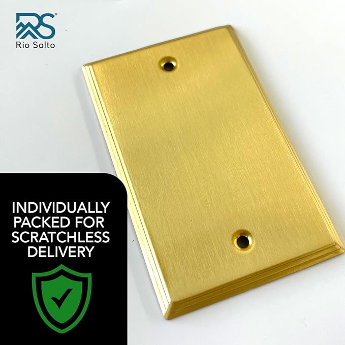 Rio Salto BRASS Deco Collection Brushed Brass Blank Wall Plates Single Gang Light Switch Plate Cover for Unused Outlets 4.5" X 2.75" Decorative Luxury Premium Wall Plate - Standard Size