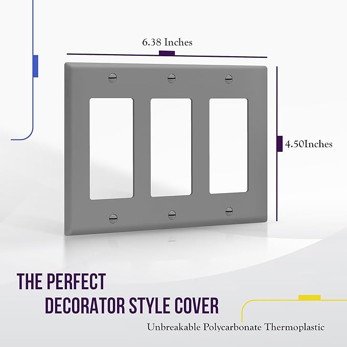 ENERLITES Decorator Wall Plate, Light Switch or Receptacle Outlet Cover, Gloss Finish, Size 3-Gang 4.50" H x 6.38" L, 8833-GY, Gray