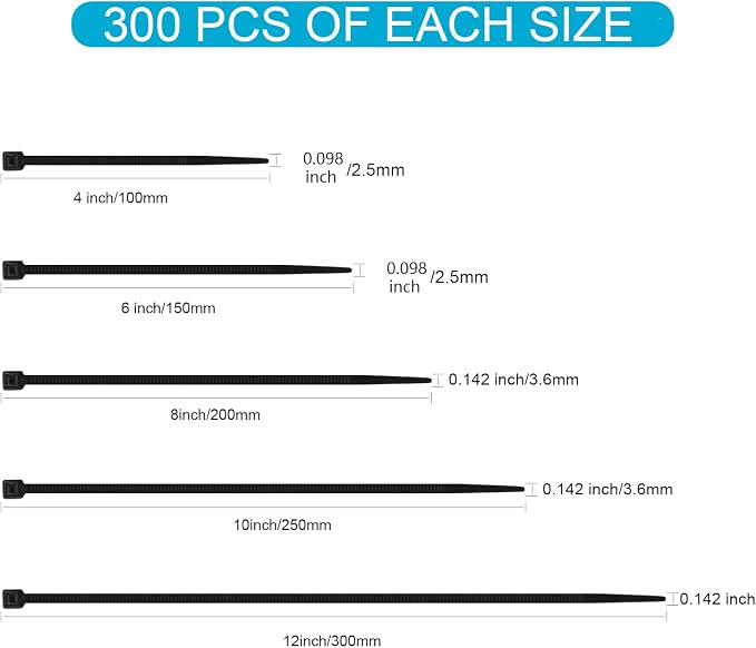 XINGO Black Zip Ties Assorted Size 1500 Pack, 4+6+8+10+12 Inch, Self-Locking UV Resistant Nylon Cable Ties Perfect for Home, Office, Garden and Workshop