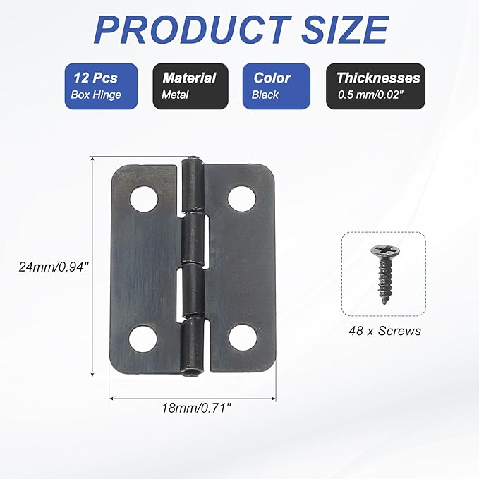 MECCANIXITY Small Butt Hinges 1 Inch Mini Jewelry Box Hinge with Screw for Jewelry Wooden Boxes Cabinet Drawer Doors Gate (Black, Pack of 12)