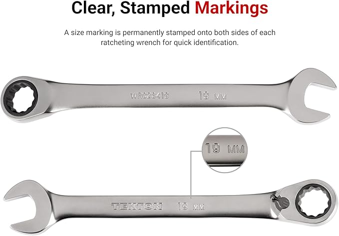 TEKTON Reversible Ratcheting Combination Wrench Set, 14-Piece | WRC94002 | (6 - 19 mm), 12-Point, Satin Chrome Finish