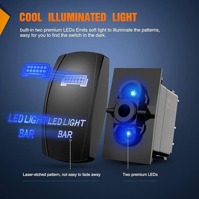 Nilight 2 Pack Led Pod Lights Rocker Switch Light Bar 5 Pin Laser On Off SPST Switches 20A/12V 10A/24V Blue with Jumper Wires Set for Cars Trucks RVs