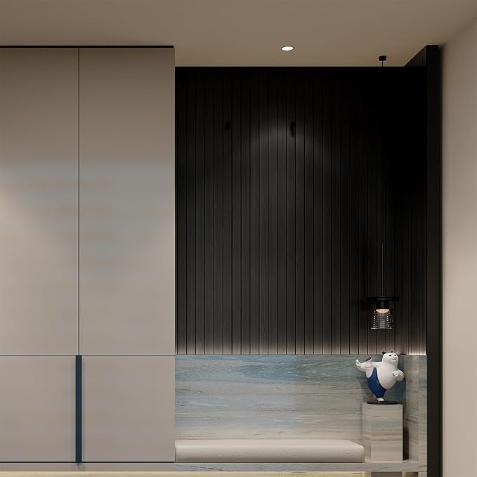 YU LI 3DH Peel and Stick PVC Slat Wall Panel 236"x15.75" Self-Adhesive Thick Faux Black Wood Grain Wallpaper Panel 3D Soundproof Wall Panels for Walls & Ceilings