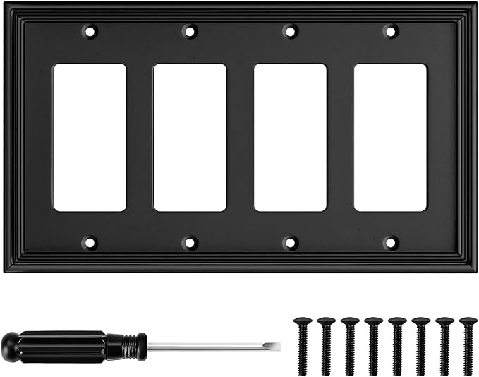 Black Modern Decorative Wall Plate Light Switch Cover Decorator Outlet Covers Rocker Switch Plates Bamboo Fiber Material Wall Plates for Kitchen Bathroom (4 Gang Quad Decorator-1 Pack)
