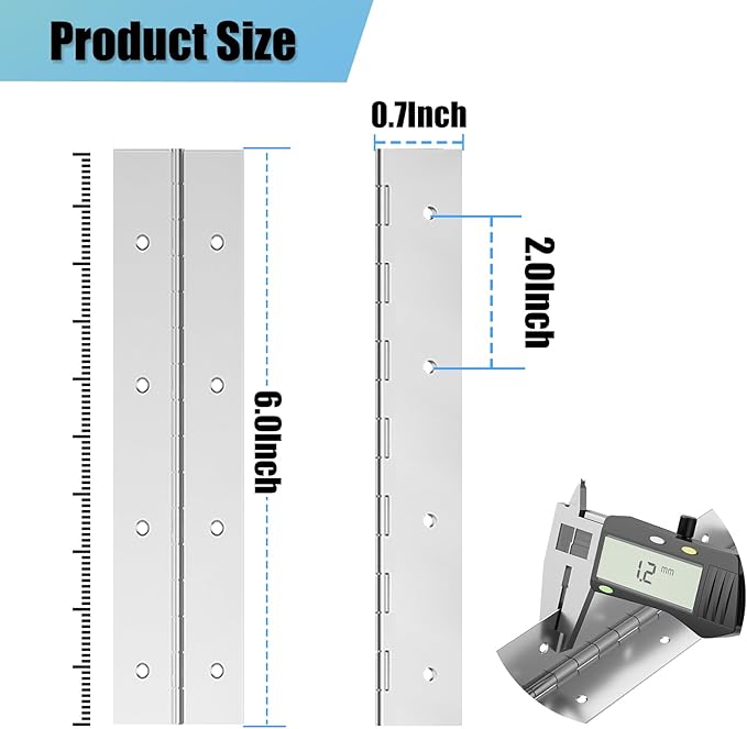 EPHECH 6Inch Stainless Steel 304 Continuous & Piano Hinges, 6PCS Heavy Duty Nickle Continuous Hinges Piano Boat Hinge, 0.04" Thickness Folding Cabinet Door Butt Hinge