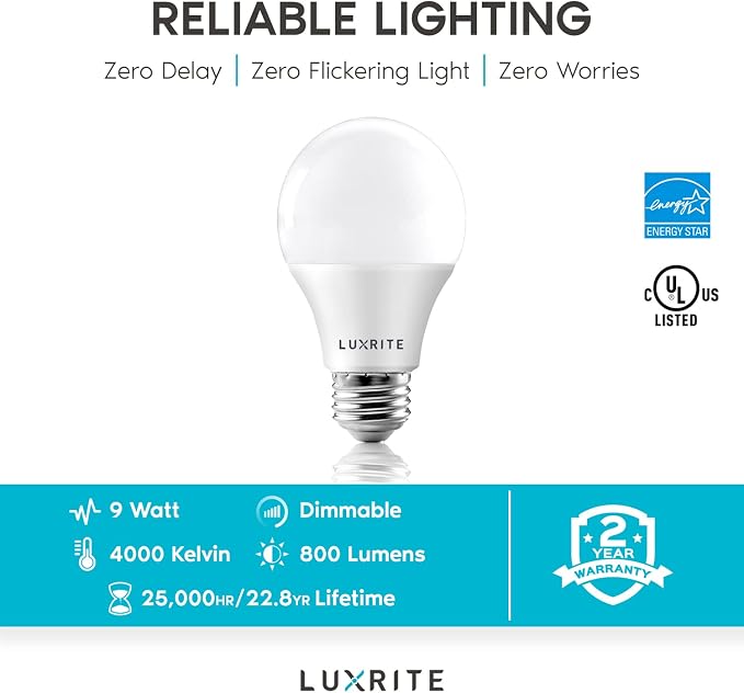 LUXRITE A19 LED Bulb 60W Equivalent, 4000K Cool White, 800 Lumens, Dimmable Standard LED Light Bulbs 9W, Enclosed Fixture Rated, Energy Star, E26 Medium Base - Indoor and Outdoor (6 Pack)