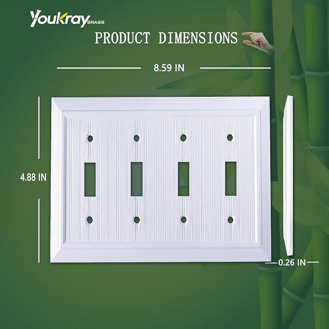 Pure White Classic Beadboard Wall Plates,Light Switch Covers,Electrical Outlet Covers, Switch Plates of Various Combination, Nature Bamboo Fiber Wall plate(4 Gang Toggle 1 Pack)