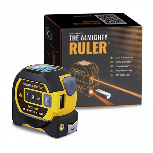 The Almighty Ruler Laser Tape Measure | Laser Distance Measurer, Heavy-Duty Tool with Cross Marking Feature, Smart Range Finder, Easy-Read Display, Ft & Metric Measurement | 131 ft | 43 yd | 40 m