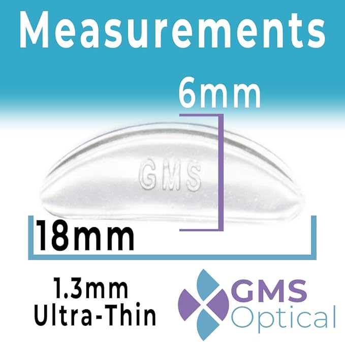 GMS Optical 1.3mm Ultra-Thin / 18mm Long Length - Anti-Slip Adhesive Contoured Silicone Eyeglass Nose Pads with Super Sticky Backing for Glasses, Sunglasses, and Eye Wear (5 Pair)(Clear)
