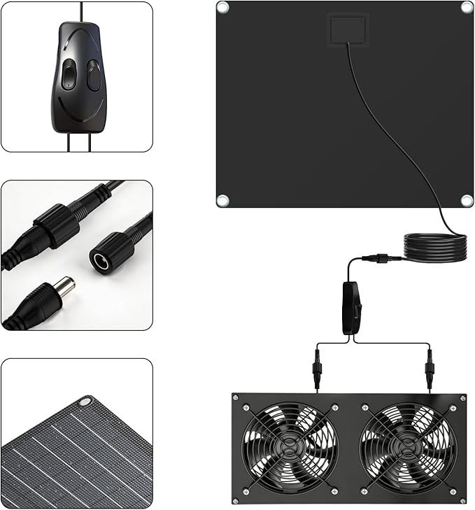 FlexSolar 12W Solar Panel Powered Fan Kit, Dual Waterproof IP65 Fans, 2500RPM High Speed, Solar Exhaust/Intake Fan for Chicken Coop, Greenhouse, Dog House, Pet House, Outdoor Shed Ventilation