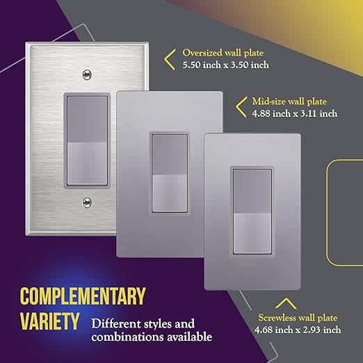 ENERLITES Elite Series Decorator Rocker Light Switch, 15A 120V/277V, Gloss Finish, Single Pole, 3 Wire, Grounding Screw, Residential Grade, UL Listed, 91150-SV, Silver Color