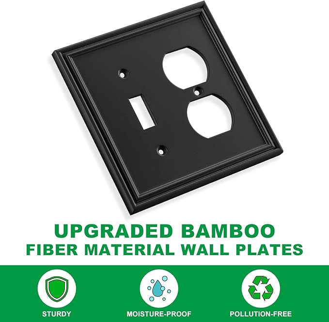 Black Modern Decorative Wall Plate Light Switch Cover Decorator Outlet Covers Rocker Switch Plates Bamboo Fiber Material Wall Plates for Kitchen Bathroom (2 Gang Toggle/Duplex-2 Pack)