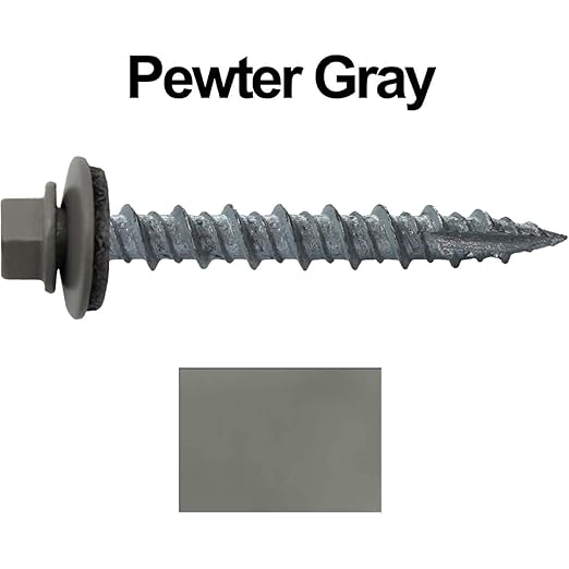 10 x 1-1/2" Pewter Gray Metal Roofing Screws - Hex Washer Head- Self-Starting/Tapping - EPDM Washer. 1 x 250 Count Bag - 250 Screws