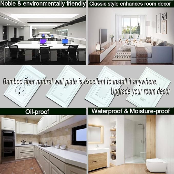 Wall Plates, Duplex Outlet Covers, Toggle Light Switch Plates, Decorator Light Switch Cover, Bamboo Fiber Material Wall Plate, Standard Size Wall Plates of various styles, White (2 Gang Duplex 2 Pack)