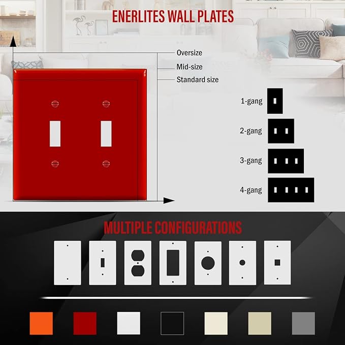 ENERLITES Toggle Light Switch Wall Plate, 2-Gang 4.88" x 4.92", Mid-Size, UL Listed, 8812M-R, Red