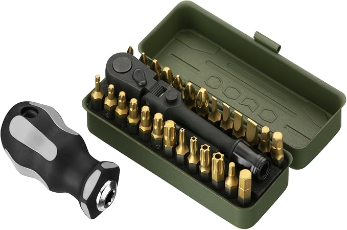 KESI Tool Torx Bit Set 29-Piece, 2 In-1 Bits Ratchet, Flex Locking Head Design with 26-piece 1/4" Patent Bits, Magnetic Bit Holder, Stubby Handle and Compact Paint Metal Case, Multi-function