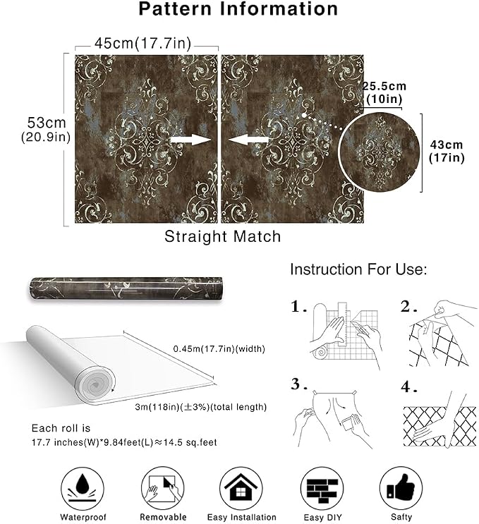 HAOKHOME Vintage Peel and Stick Wallpaper Damask Brown/Beige/Teal Vinyl Stick on Wall Paper for Bathroom Bedroom Home Decor 17.7in x 9.8ft