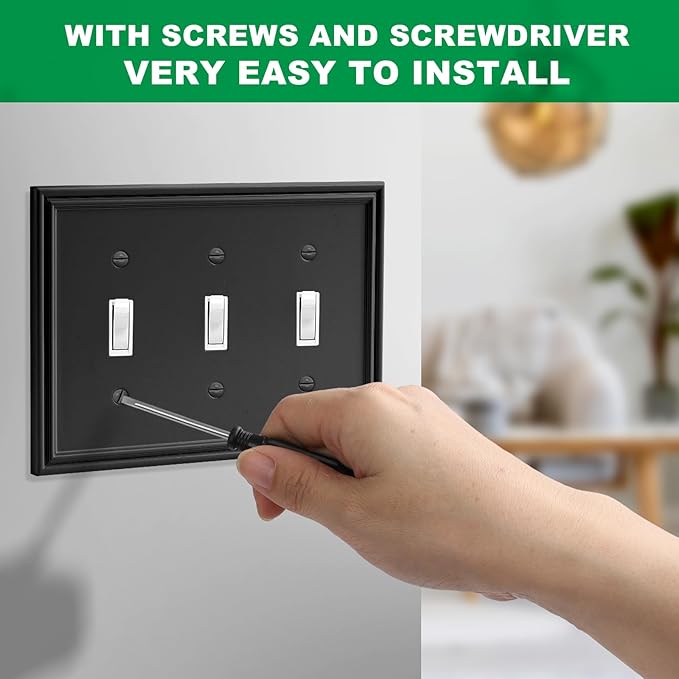Black Modern Decorative Wall Plate Light Switch Cover Decorator Outlet Covers Rocker Switch Plates Bamboo Fiber Material Wall Plates for Kitchen Bathroom (3 Gang Triple Toggle-1 Pack)