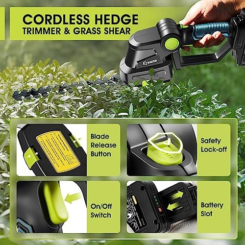 Saker 20V Cordless Hedge Trimmer,2 in 1 Bush Trimmer with 2 Battery