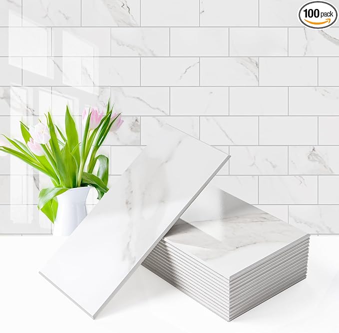 Vamos Tile 100-Piece Peel and Stick Backsplash Seamless Tile,3''x6'' Glossy Statury White Marble with White Grout PVC Subway Tile,Stick on Backsplash for Kitchen/Bathroom/Laundry Room
