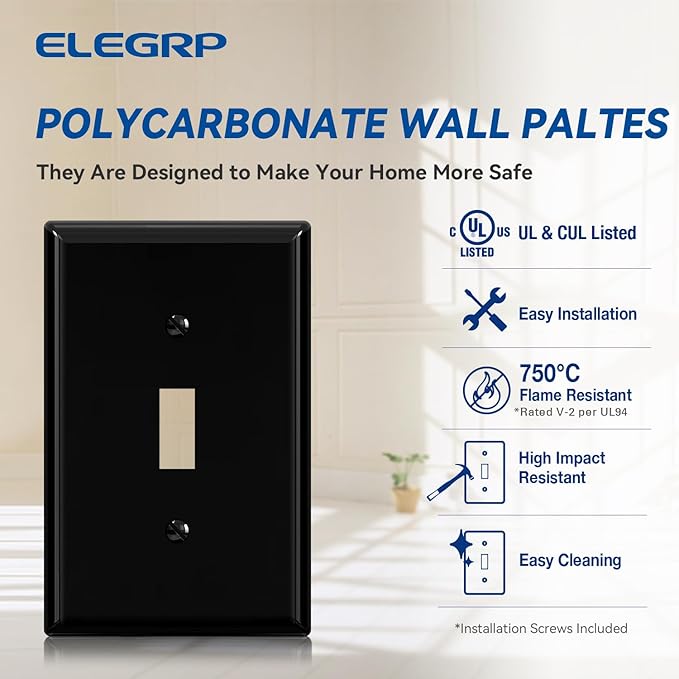 ELEGRP 1-Gang Mid Size Toggle Switch Covers, Light Switch Wall Plate, Unbreakable Polycarbonate Replacement Faceplates Covers, UL Listed, Color-matched Screws Included (2 Pack, Glossy Black)