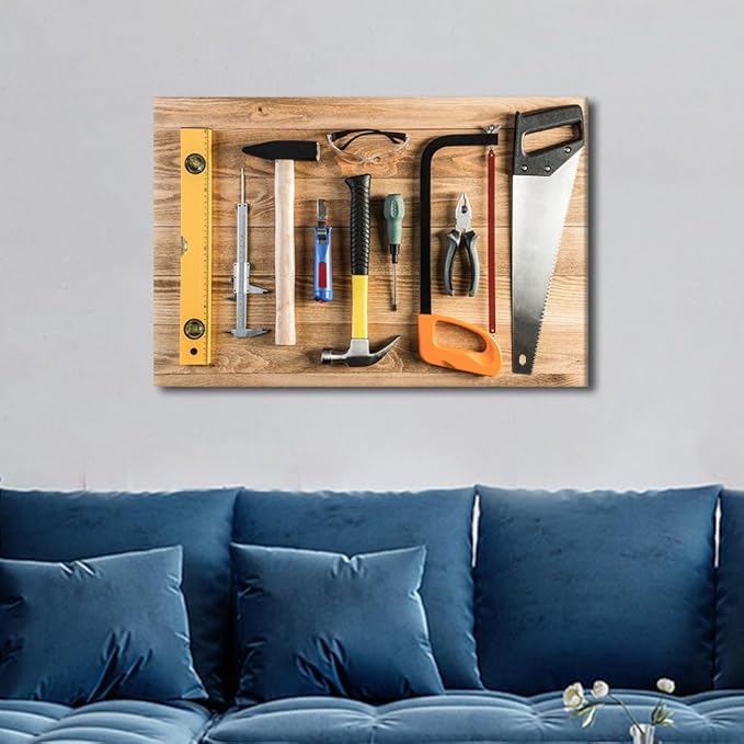 TUMOVO Wall Art for Office Wall Art Assorted Work Tools on Wood Background 1 Panels Picture Canvas Print Artwork Home Study Repair Shop Wall Decor Modern Hammer and Ruler Poster ((16" Wx24 H)
