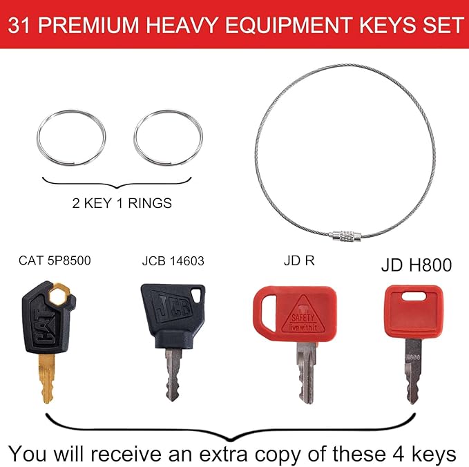 31-Piece Heavy Equipment Key Set: Universal Master Keys Compatible with CAT, John Deere, Komatsu, Kubota, JCB & 10+ Brands – Durable Ignition Keys Compatible with Construction Operators