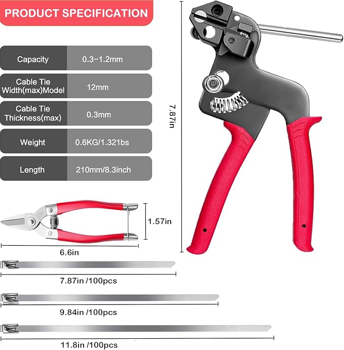 300PCS Metal Zip Ties Gun Kit, Silver 7.8"/9.8"/11.8" Self-Locking 304 Stainless Steel Zip Ties, Heavy Duty Cable Tie Fastening Cutting Release Tool Set for Outdoor Fence, Exhaust Pipe and Farm Use.