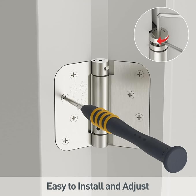 HOSOM Self Closing Door Hinges Brushed Nickel Spring Loaded Hinges 4 Inch Adjustable Tension for Garage, Front Door, Back Door, UL Listed, for Left and Right Hand Door, 5/8'' Radius Corners, 3 Pack
