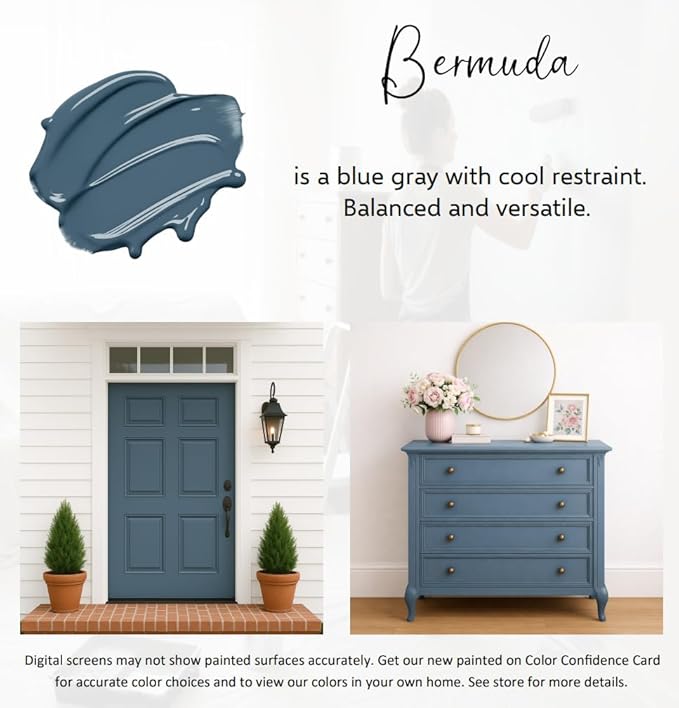ALL-IN-ONE Paint by Heirloom Traditions, Bermuda (Blue Gray), 8oz Sample - Durable cabinet and furniture paint. Built in primer and top coat, no sanding needed. Includes our 30 featured color card.